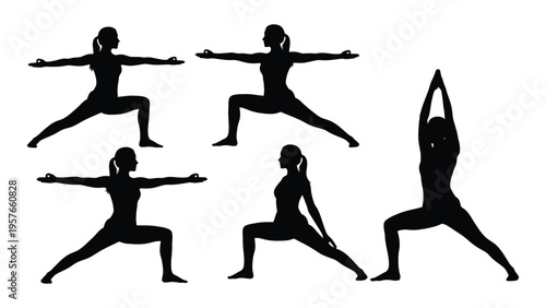 Silhouette illustrations depicting various yoga poses and a woman in a meditative state
