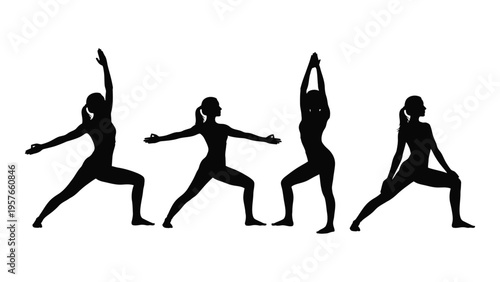 Silhouette of a woman demonstrating a series of yoga poses in a warrior sequence
