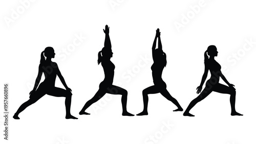 Silhouette illustration depicting four women in warrior two yoga poses