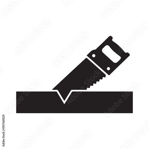 Pad saw cutting wooden plank glyph icon. Silhouette symbol. Negative space. Raster isolated illustration
