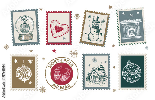 Hand-Drawn Christmas Postage Stamps Collection