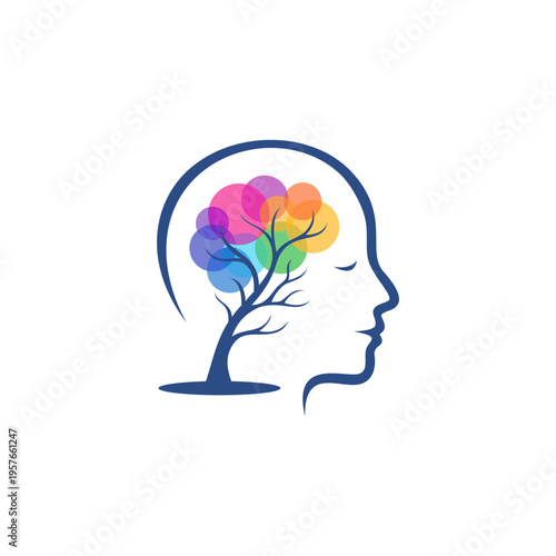 Brain with colorful tree inside head.