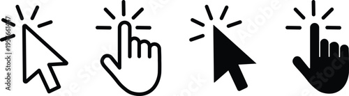 Set of 4 black click cursor and hand pointer icons vector for web design and UI elements