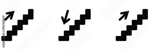 Stairs, icon set featuring climb up and down symbols with directional arrows, staircase navigation sign, movement and accessibility concept, modern flat vector illustration