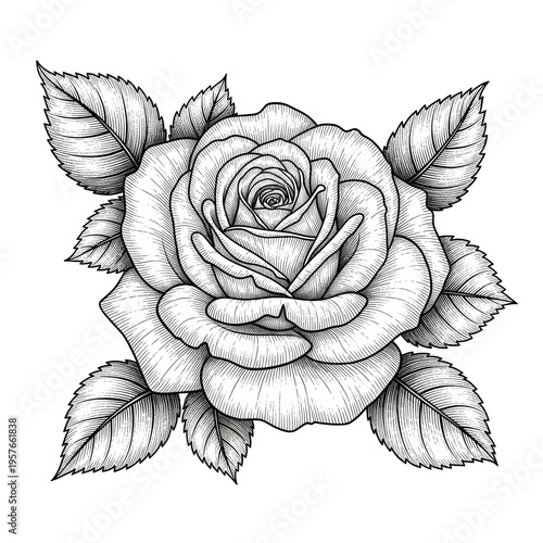 Elegant black and white line drawing of a classic rose isolated on transparent background
