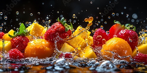 Vibrant tropical and berry fruits splashing with water on a dark background