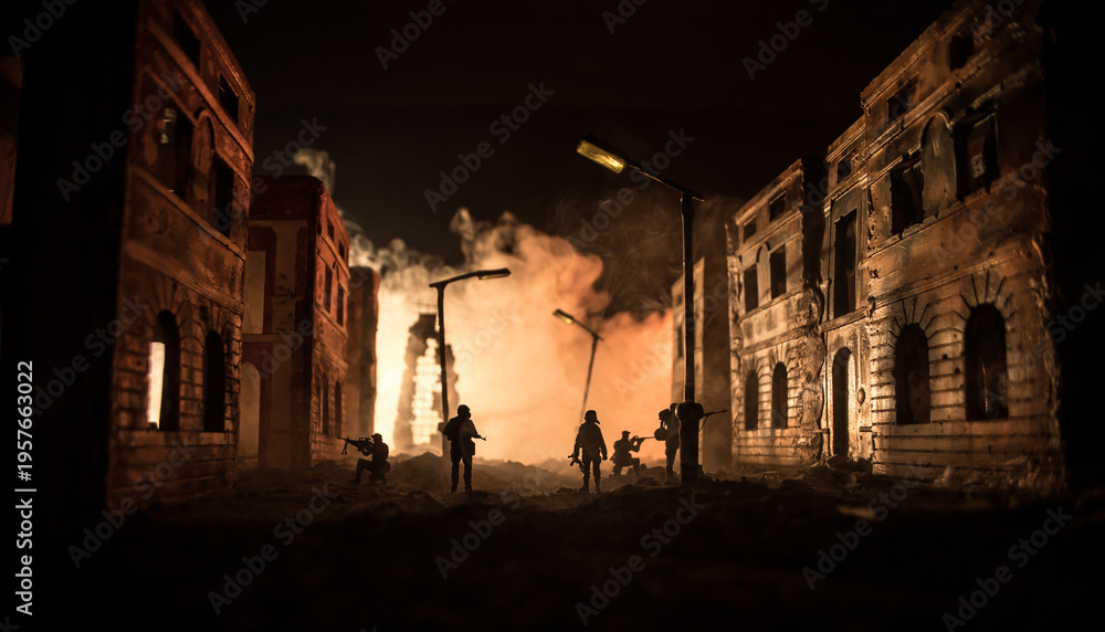 Fototapeta premium War Concept. Military silhouettes fighting scene on war fog sky background, World War Soldiers Silhouette Below Cloudy Skyline At night. Battle in ruined city.