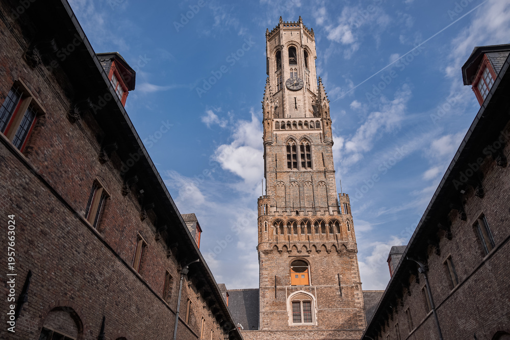 Naklejka premium The Belfry of Bruges (Belfort) from the courtyard - Bruges, Belgium