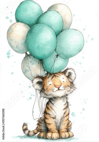 Tiger cub smiling with teal balloons on white background