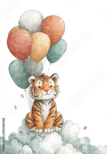 Tiger cub sitting on cloud with pastel balloons on white