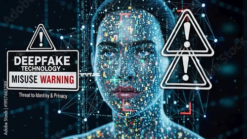 Deepfake technology and misuse warning, conceptual image with woman face 