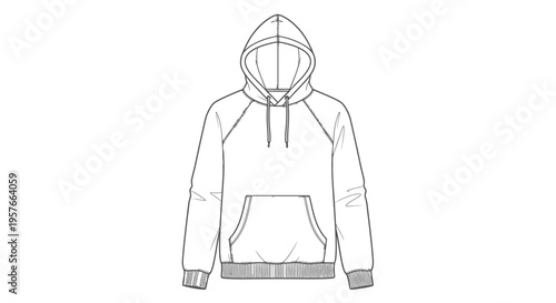 Technical illustration of a white hooded sweatshirt with a kangaroo pocket