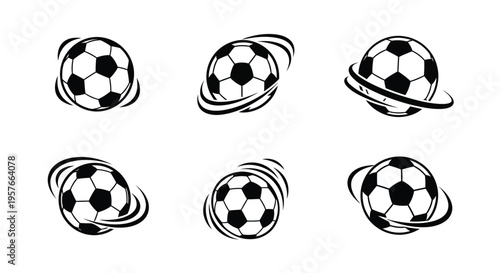 Six black and white soccer ball icons with dynamic orbiting lines