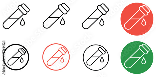 Test, tube drop icon set featuring laboratory, chemistry, and medical symbols, experimental analysis and research concept, modern flat vector illustration collection for science