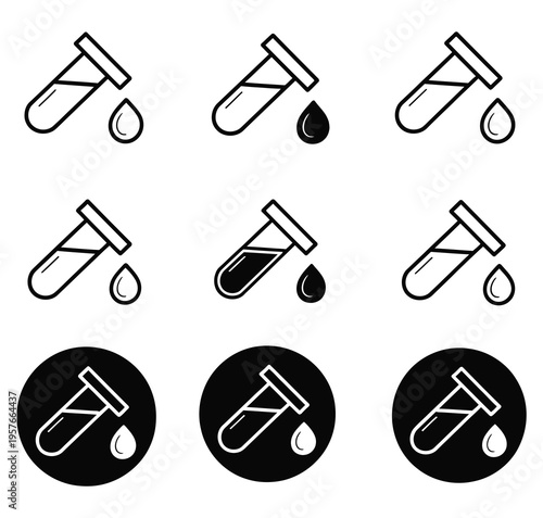 Test, tube vector icon collection with drop symbols representing laboratory testing, chemistry experiments, and medical research, clean modern flat vector design