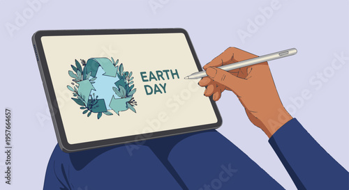 Earth Day illustration on digital tablet with recycling symbol and leaves
