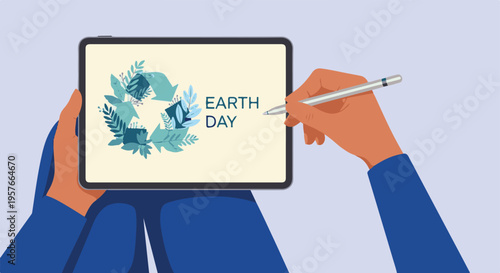 Digital tablet displaying Earth Day recycling symbol, hands holding stylus.