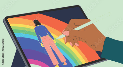 Creative illustration of hand drawing figure on vibrant digital tablet screen