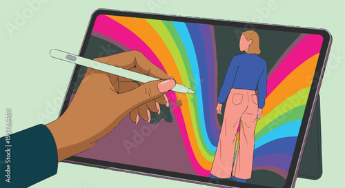 Digital artist's hand using a pen on a tablet to create a colorful illustration