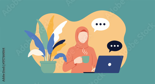 Muslim woman in hijab using laptop with coffee and plant at home