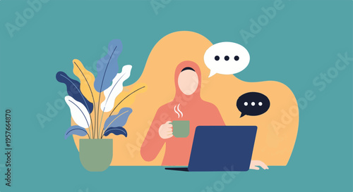 Woman in hijab working on laptop with coffee, plant, and chat bubbles