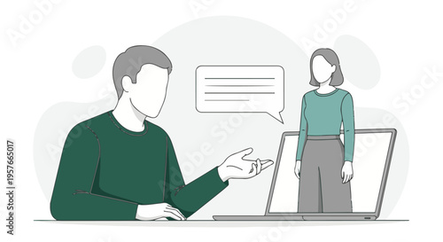 Online communication between two people using a laptop and a speech bubble