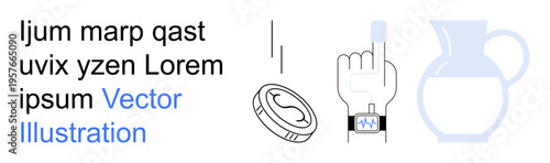 Digital devices, finance technology, smart wearables, data exchange, conceptual elements, information flow. Illustrated smart watch, currency symbol abstract pitcher. Digital devices and finance