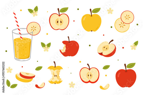 Apple set with juice glass and sliced pieces fresh fruit collection