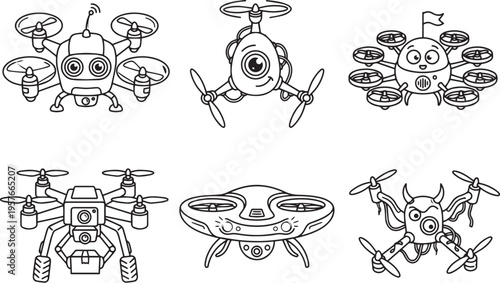 Set FPV Drone. Hand drawn vector illustration	