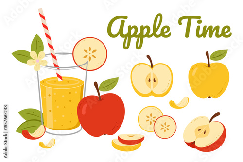 Apple set with fresh fruits and apple juice glass healthy collection