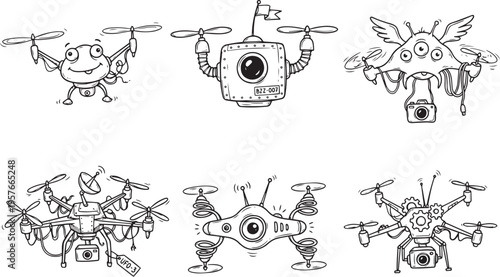 Set FPV Drone. Hand drawn vector illustration	