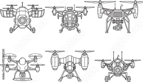Set FPV Drone. Hand drawn vector illustration	