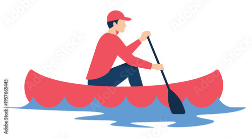 Man rowing red canoe on tranquil water, vector flat illustration, minimal and modern style for nature, camping, or outdoor adventure