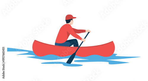 Man rowing red canoe on calm water, flat design vector illustration, peaceful outdoor scene perfect for adventure, travel, or recreational activity graphics