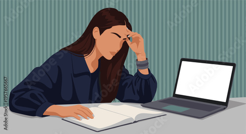 Woman experiencing headache or stress while studying or working at desk.