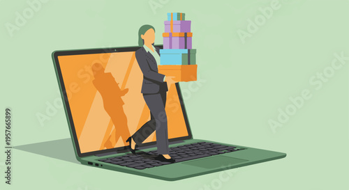 E-commerce and online delivery concept with a businesswoman and gift boxes from laptop