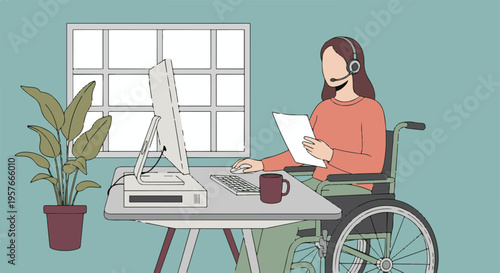 Disabled Woman Working Remotely at Computer with Headset