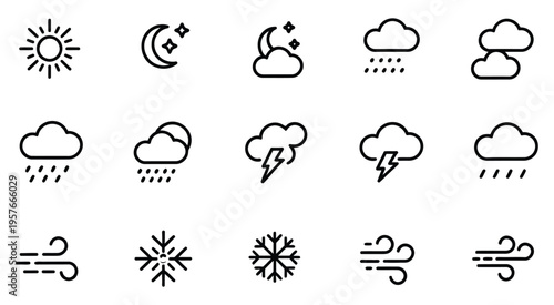 Minimalist outlined weather symbols, versatile vector set depicting different atmospheric conditions including sun, moon