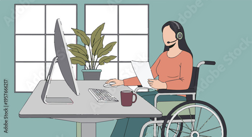 Professional woman with disability working remotely with headset and computer