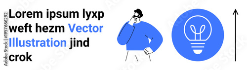 Creativity, brainstorming, innovation, solutions, design thinking, inspiration. A person in a thoughtful pose with a nearby light bulb icon. Creativity and brainstorming concept