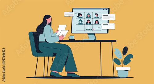 Woman in video conference call working from home office, online meeting