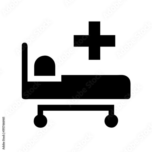 Black silhouette icon of a hospital bed with a patient and a medical cross symbol above it.