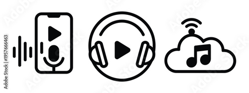 Modern icons representing multimedia, audio, and cloud storage services, vector illustrations of music, video, and cloud symbols