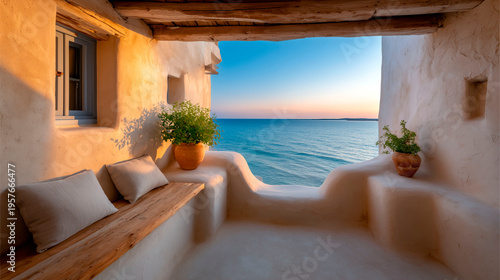 Mediterranean sea view terrace with white walls wooden bench and soft sunset light peaceful travel concept