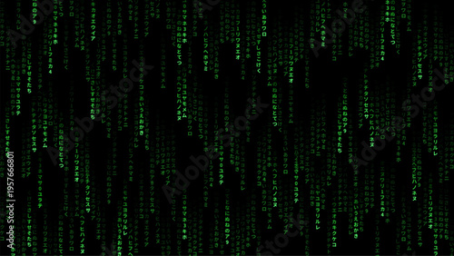 Matrix code background with Japanese kana characters. Digital stream of green falling data in cyberspace. Virtual reality simulation and programming language concept for tech abstract.
