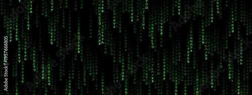 Matrix code with Japanese characters falling down. Digital rain background representation. Abstract binary system for computer security, software development and virtual reality tech concept.