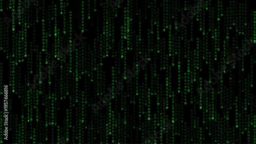 Matrix code background with falling Japanese characters. Digital data stream with glowing green symbols on black screen. Cybersecurity abstract technology graphic for virtual software.