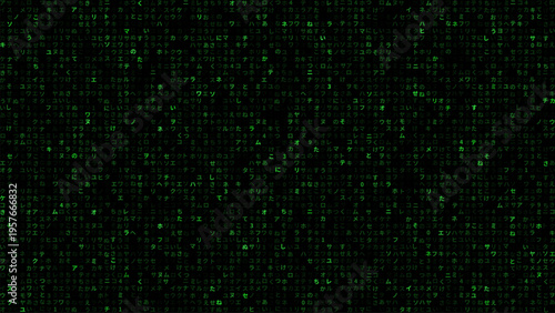 Matrix code background with Japanese katakana characters and numbers. Digital rain texture for cybersecurity concept. Futuristic computer screen data stream and binary code pattern.