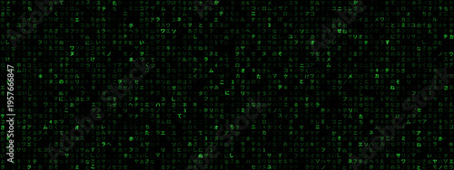 Matrix code background with Japanese katakana symbols. Digital data stream with abstract green character patterns. Cyber security and programming abstract technology wallpaper concept.