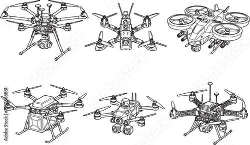 Set FPV Drone. Hand drawn vector illustration